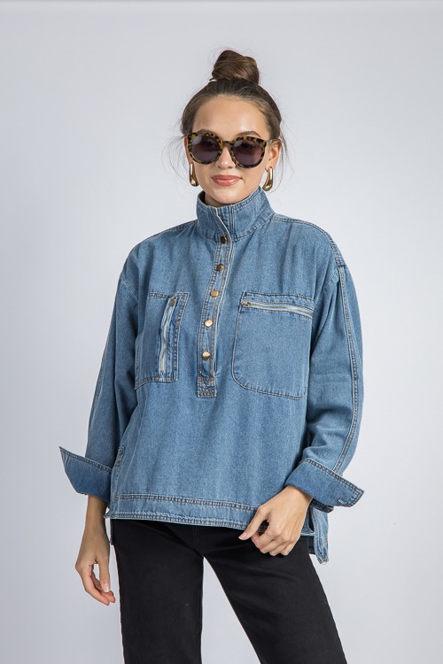 【DISCERNMENT】Moa Linen Denim Half Shirt Amaya Half Placket Shirt - Blue Denim – LMND
